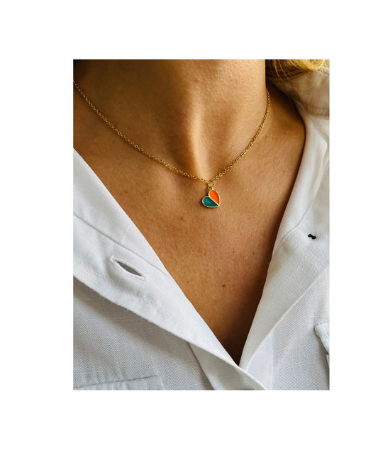 Enamel Heart Necklace Orange/Green