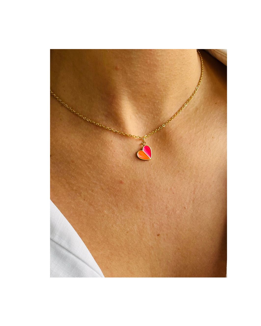 Enamel Heart Necklace Orange/Pink